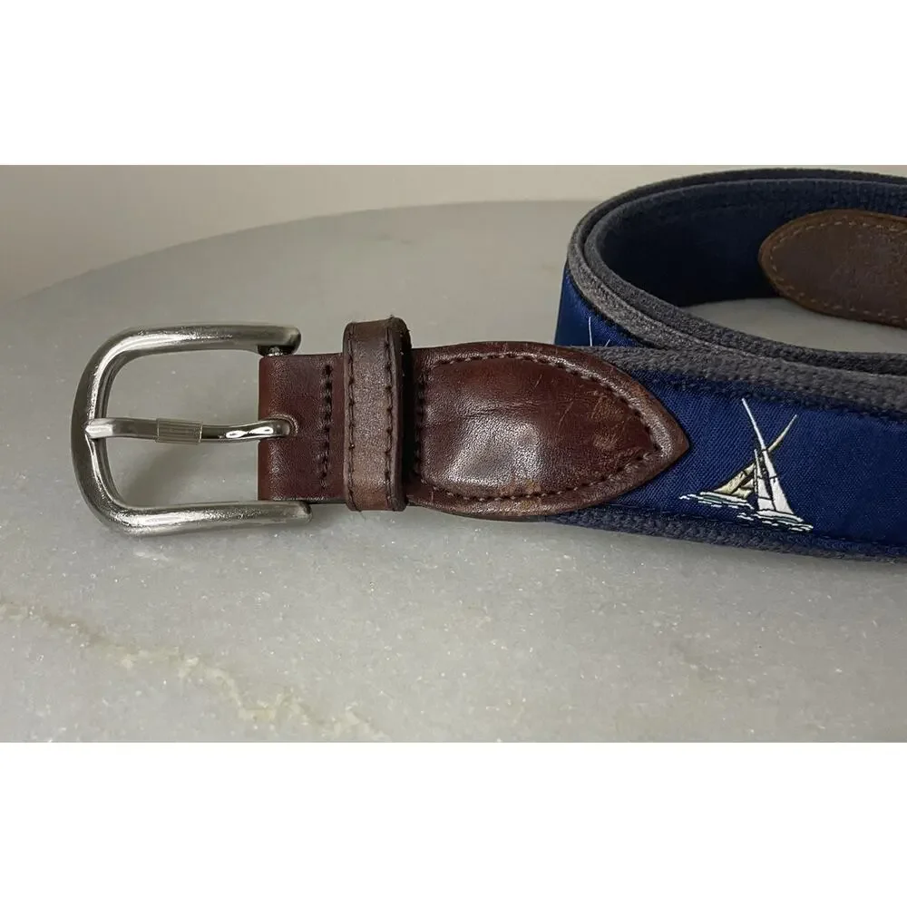 Belted Cow Co Nautical Sailboat Ribbon Club Belt Mens 44 Leather Preppy Yacht